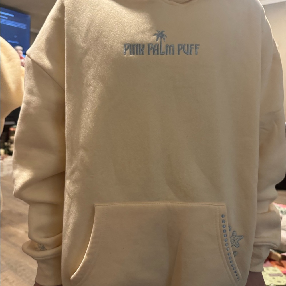 Pink Palm Puff "Live in the Moment" Hoodie in Sand
